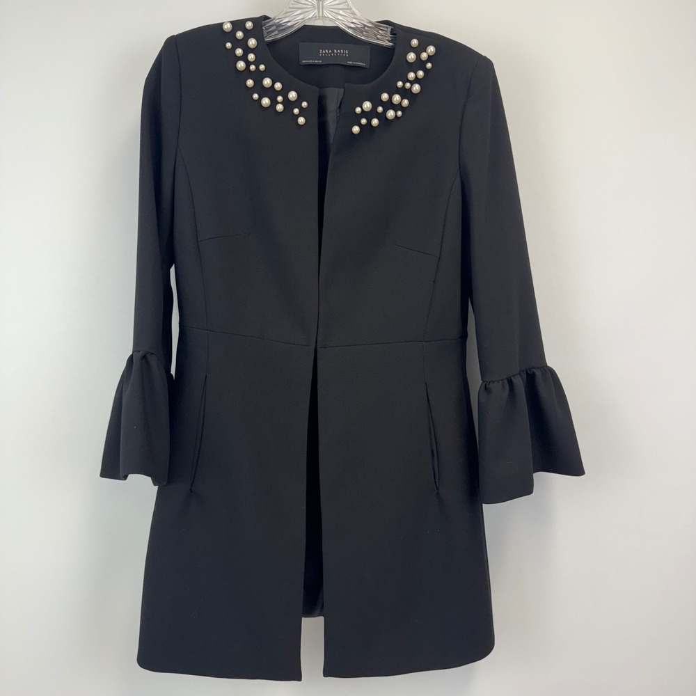 Zara Basic Black Pearl Embellished Bell Sleeve Open Front‎ Coat Jacket Womens M
